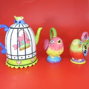Babs Birdcage Teapot Bird Sugar & Creamer Eclectic Whimsical